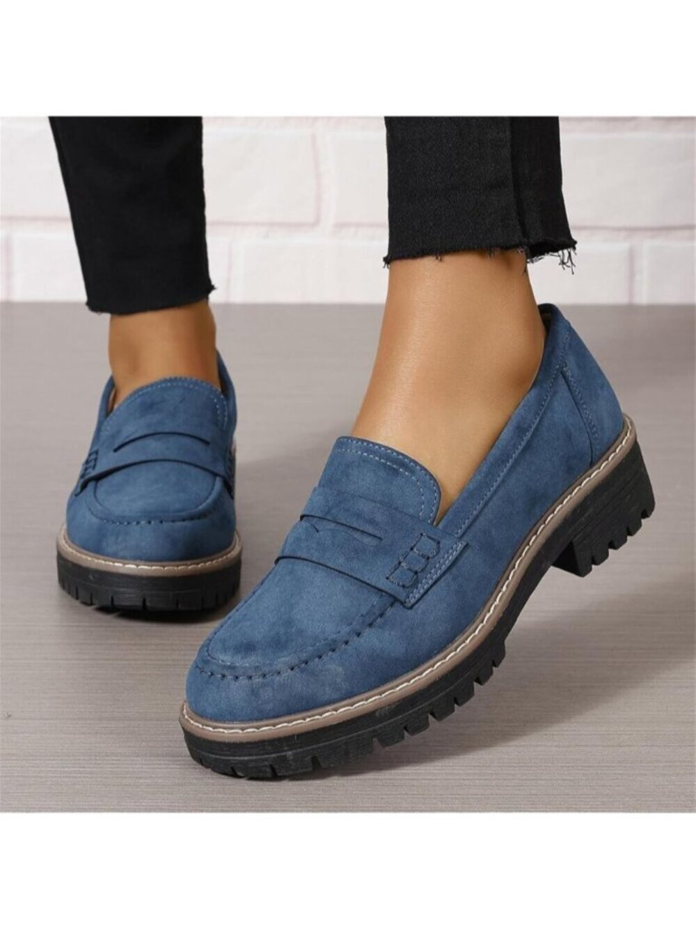 Womens Navy Suede Lug Sole Slip On Business Chunky Platform Penny Loafers Shoes - Picture 4 of 5